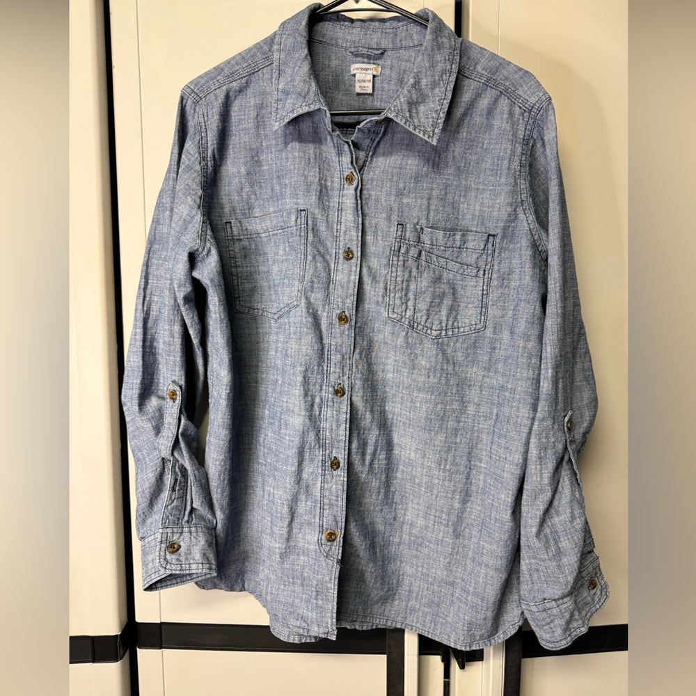 Carhartt Women’s Chambray Button Down Shirt XL Blue Workwear Lightweight